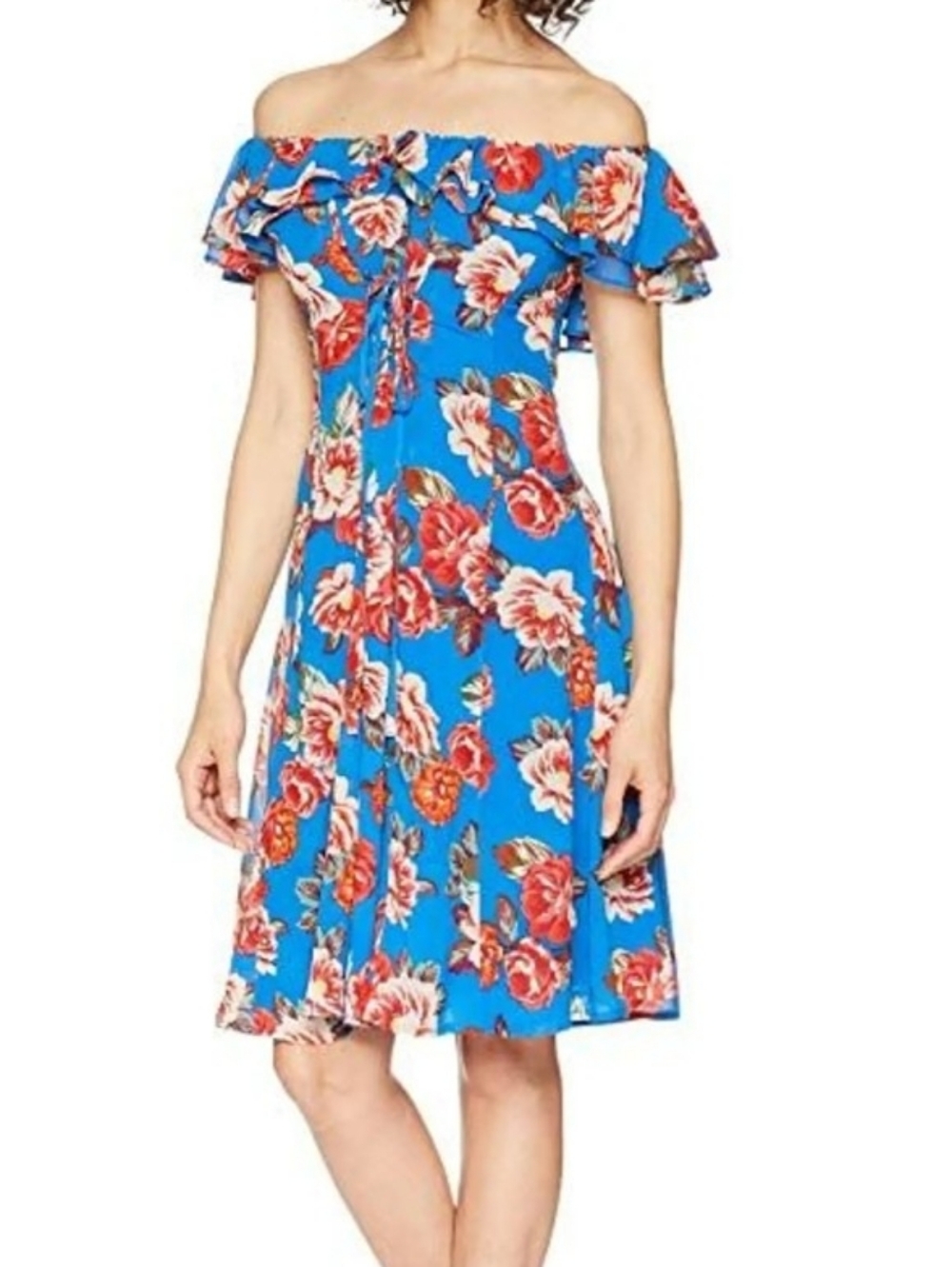 ASTR Lace-up Bodice Floral Dress Size M‎ On or Off the Shoulder Ruffle Coquette